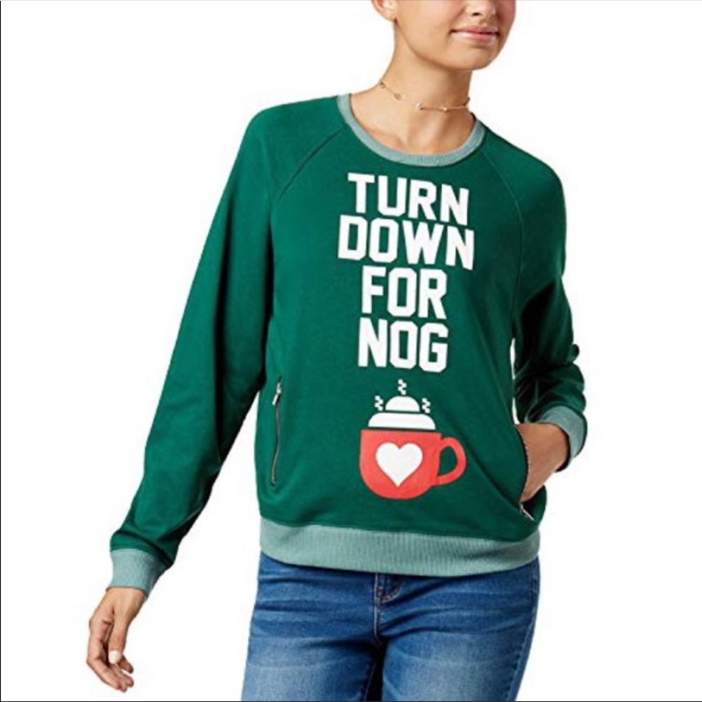 Mighty Fine Size Medium Green “Turn Down For Nog” Raglan Graphic Shirt